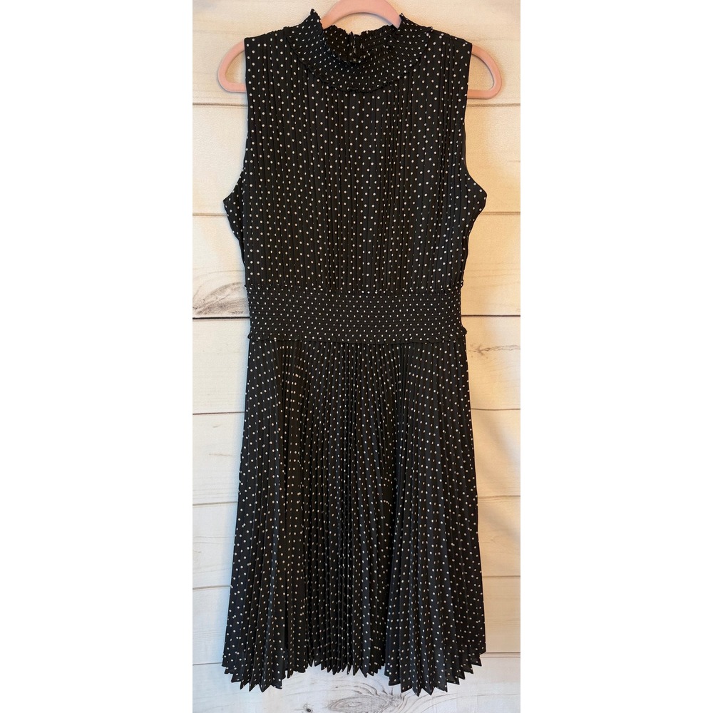 Nanette Lepore Black Polka Dot Pleated Smocked Mock Neck Midi Dress Womens 14
